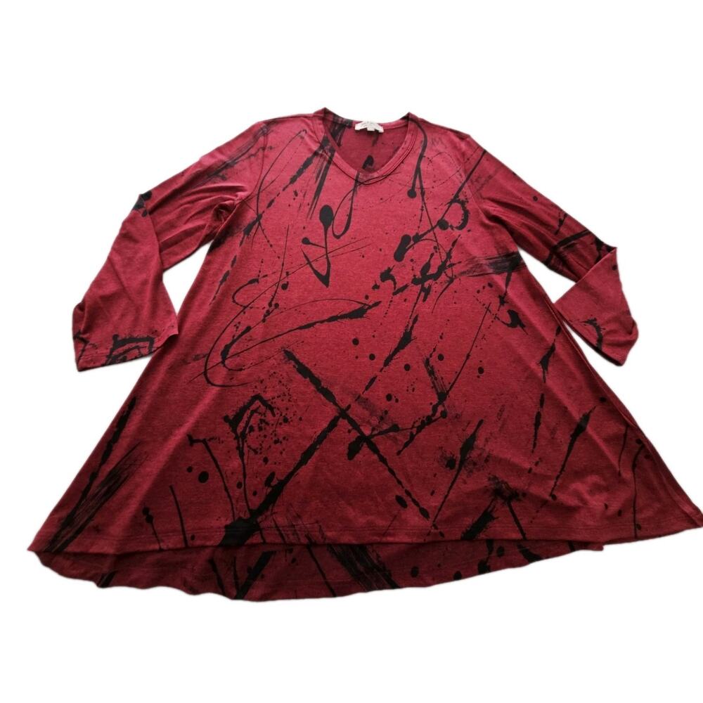 JESS & JANE Red Black Tunic Top Paint Asymmetric Hem Art Lagenlook Boho XL